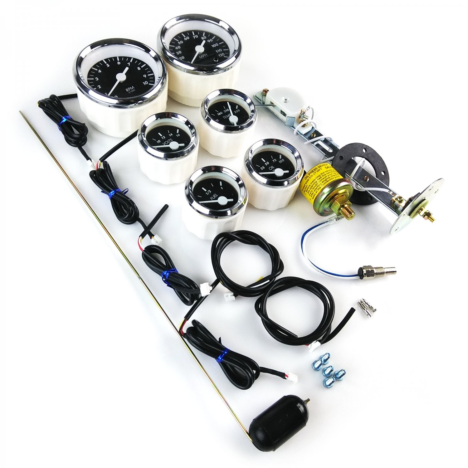 6 Gauge Kit SAE OG Classic Black White V Needles Chrome Trim Instrument Custom