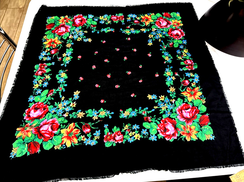 VTG Hand Printed Challis Rayon Black Floral Shawl Scarf  with frayed edges