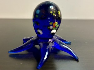 Blue Glass Octopus Figurine 2" With Multicolor Details Miniature For Display