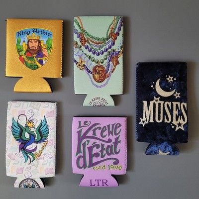 Genuine Mardi Gras Koozie Set of 5 (King Arthur, Pheonix, Muses, 2 Krewe D'Etat)