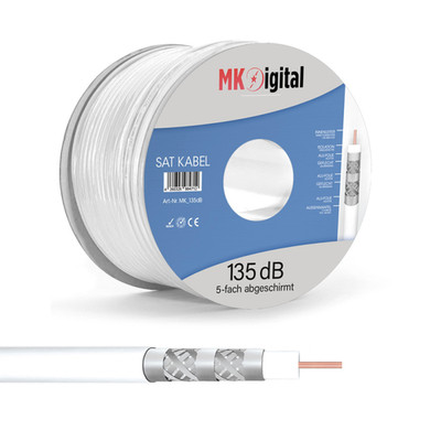 MK-Digital SAT Koaxialkabel 100m Weiß 135dB | Stahl Kupfer 7mm 5-fach geschirmt