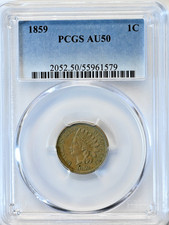 1859 1C Indian Head Cent PCGS Genuine AU50 Graded Coin #2052