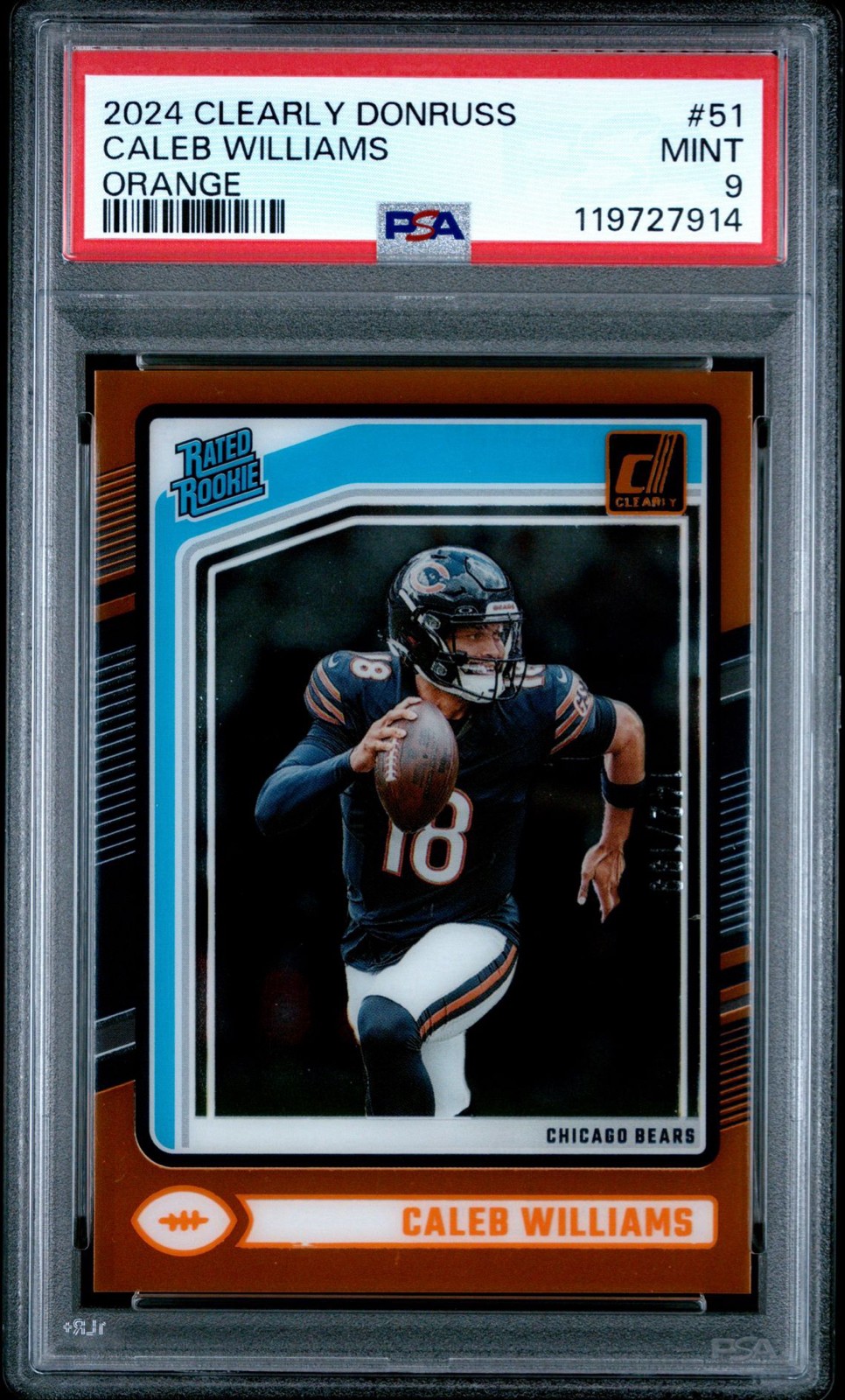 2024 Panini Clearly Donruss Caleb Williams RC #51 Orange /199 PSA 9 Color Match