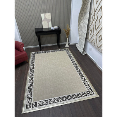 Ecru Glittery Leather Rug with Light Gold Shimmer   Laser Cut Geometric Edge Rug