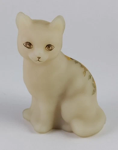 Vintage Fenton Hand Painted Custard Satin Glass Cat Figurine Signed K Boley