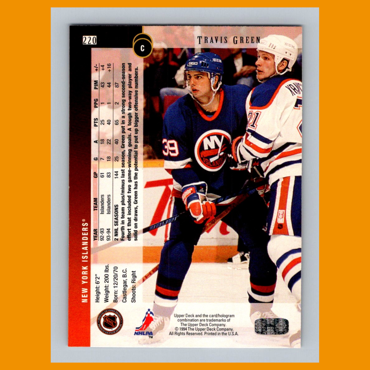 Travis Green #220 1994-95 Upper Deck New York Islanders Hockey