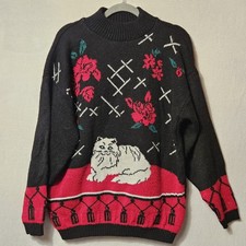 Vintage 80's Spunky Sweater Women's Size Large Black Red White Kitty 47569