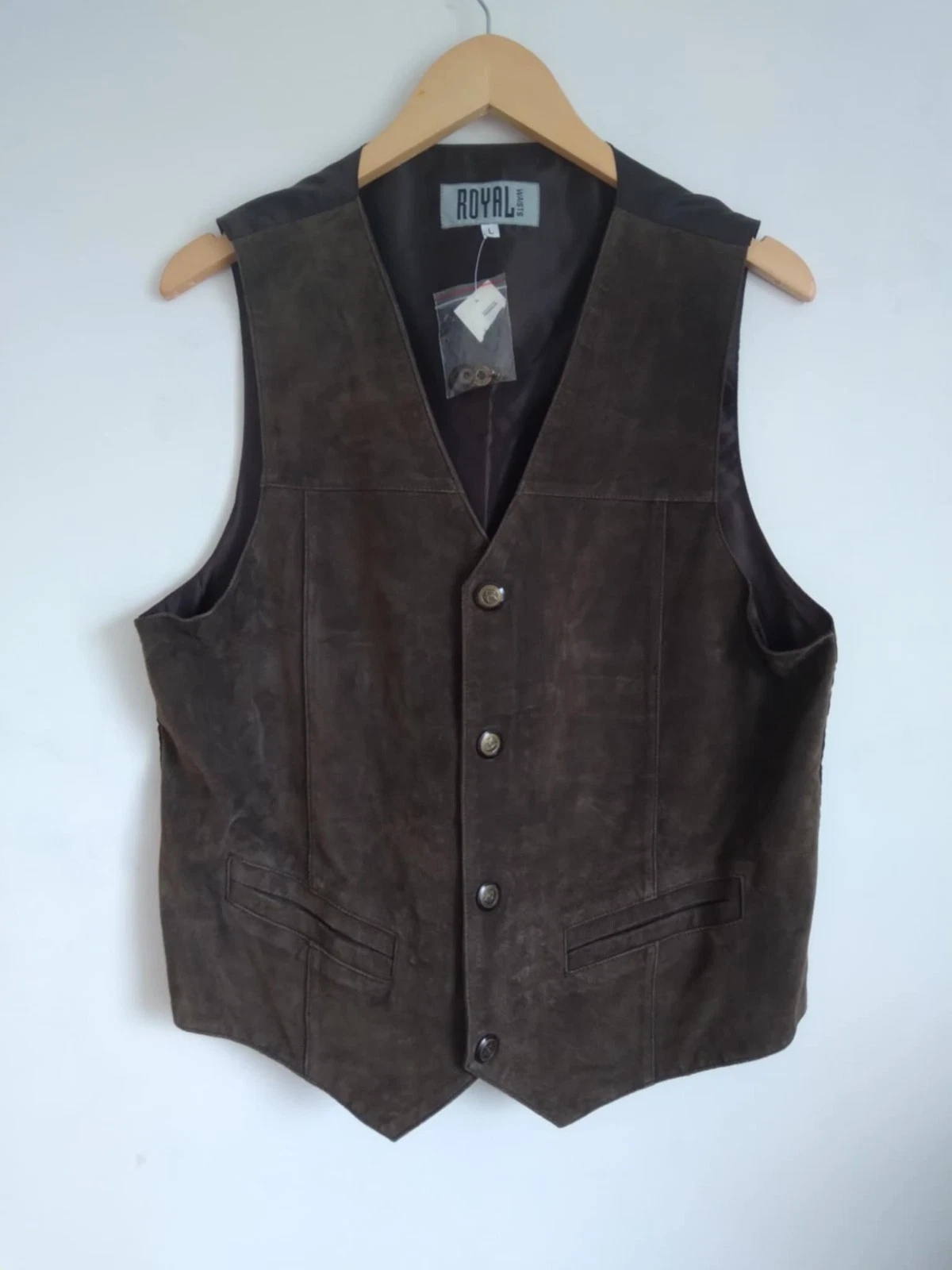 ROYAL WAIST MEN'S LEATHER VEST BROWN SIZE L LINED BUTTONS POCKETS