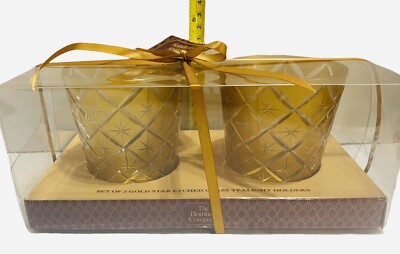 NIB Set of 2 Bombay Company Gold Star Etched Glass Tealight Candle Holders A