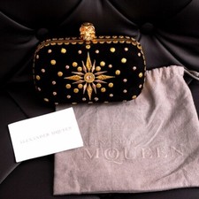 VINTAGE 2013 ALEXANDER MCQUEEN Black Suede GOLD EMBROIDERY SKULL CLUTCH BAG EUC