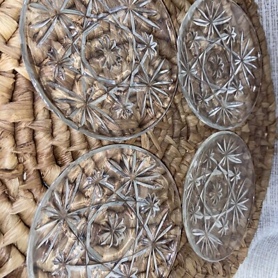 Star of David Pressed Glass Saucer Coaster 4 1/2'' Dessert Dish/Plates Set Of 4