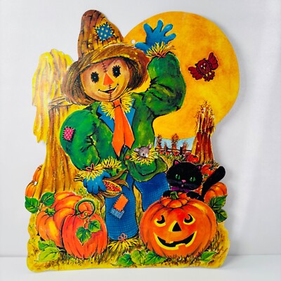 Vintage 1970's Die Cut Halloween Decoration Scarecrow Moon Cat Jack-O-Lantern