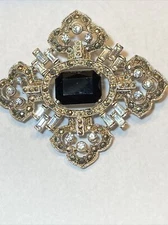 RARE DESIGNER 1928 MALTESE CROSS EMERALD CUT BLK GLASS MARCASITE RHINESTONE PIN