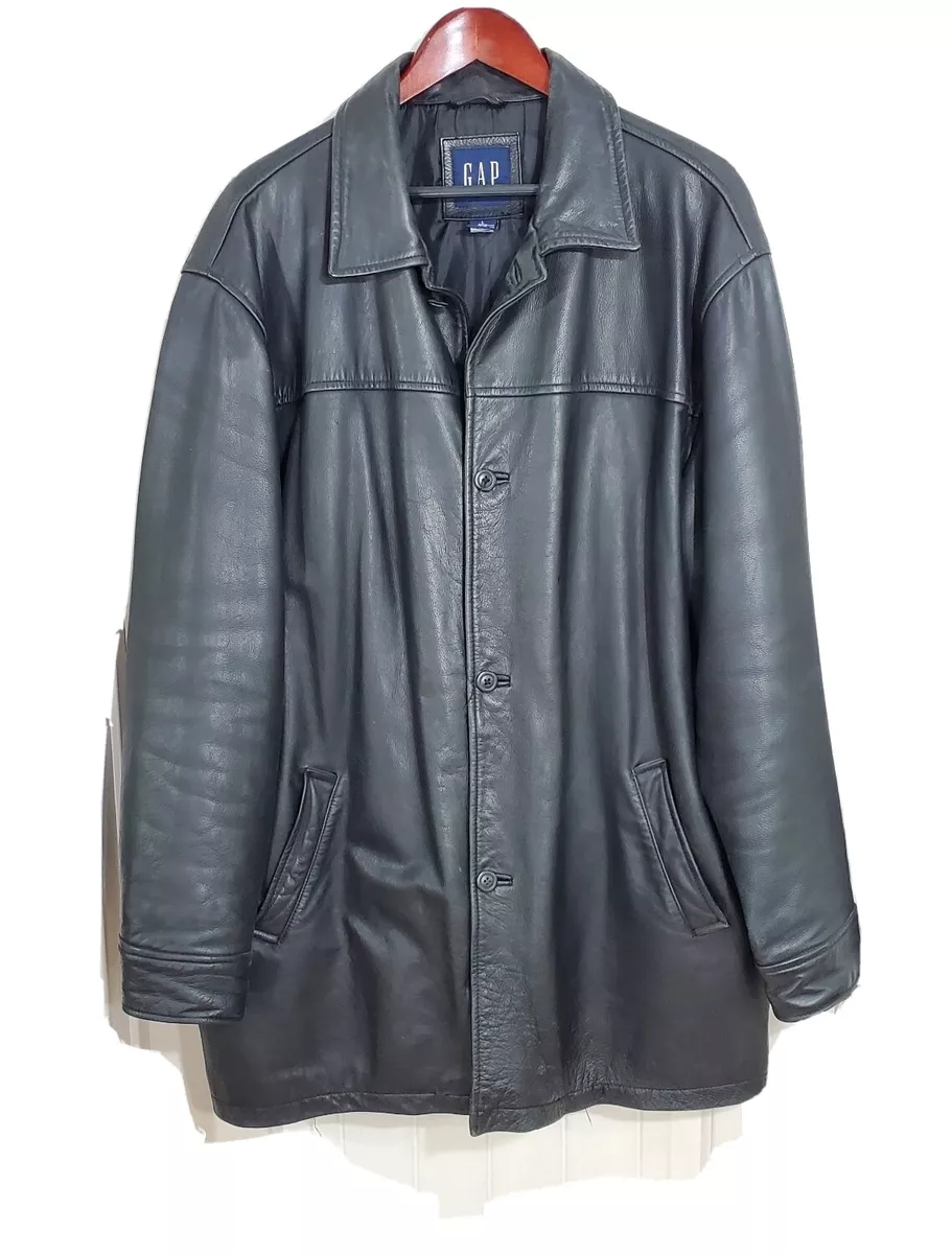 Vintage GAP Mens Leather Jacket Black Mid Length Button Front Car Coat LARGE EUC