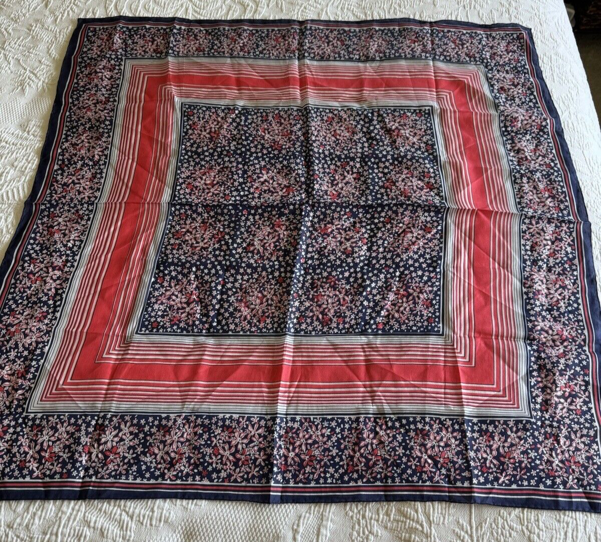 Large Vintage Silk Chiffon Scarf  Floral  Red Blue White 29” Square  (P2)
