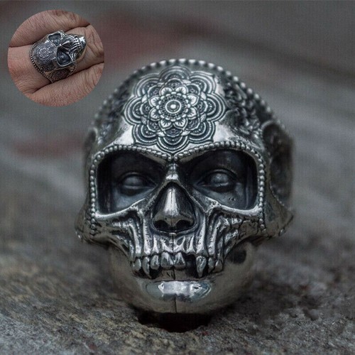 Sugar Flower Mandala Jewelry Vintage Ring Punk Biker Mens Skull - Afbeelding 2 van 15