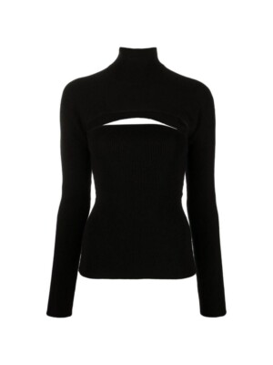 NEW TOM FORD Black VIRGIN WOOL RIB TURTLENECK TOP CUT-OUT 2-PIECE Sweater L