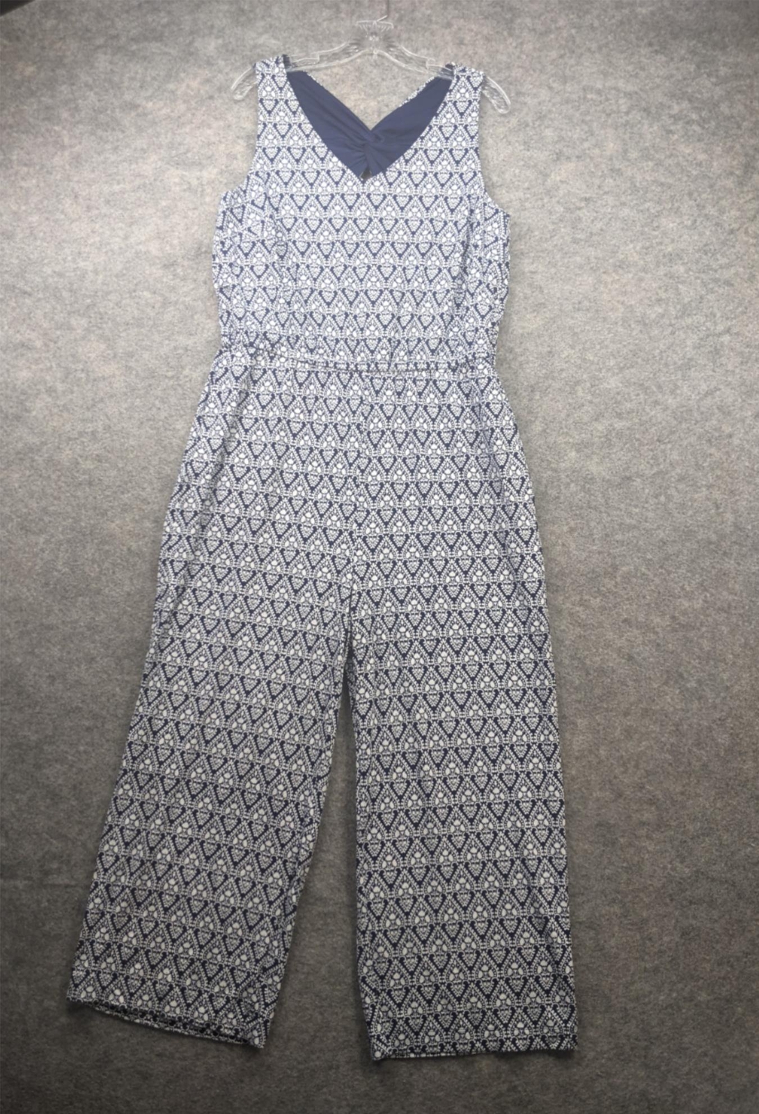 Talbots Womens Blue White Medallion Twist Back Sleeveless Jumpsuit Size Large-image
