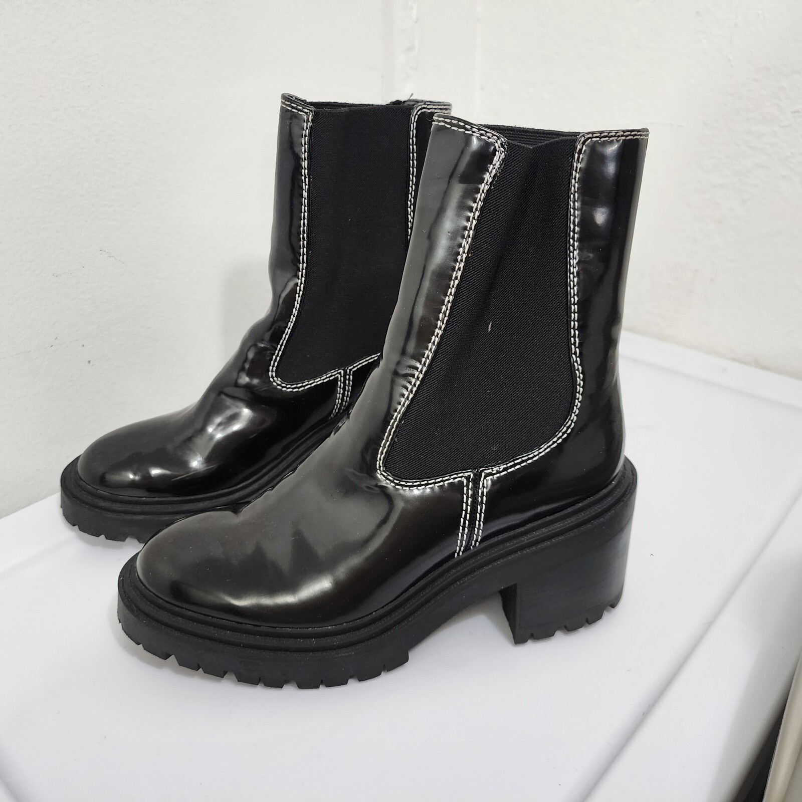 SAOLA Stivali ASOS Rachel Chelsea neri ecopelle suola grossa punto a contrasto US11 UK9