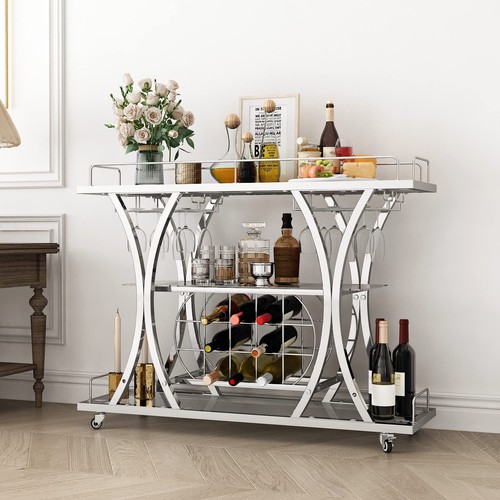 FABOMEI Silver Bar Carts with Glass Holders & Wine Rack,3 Tier Home Bar