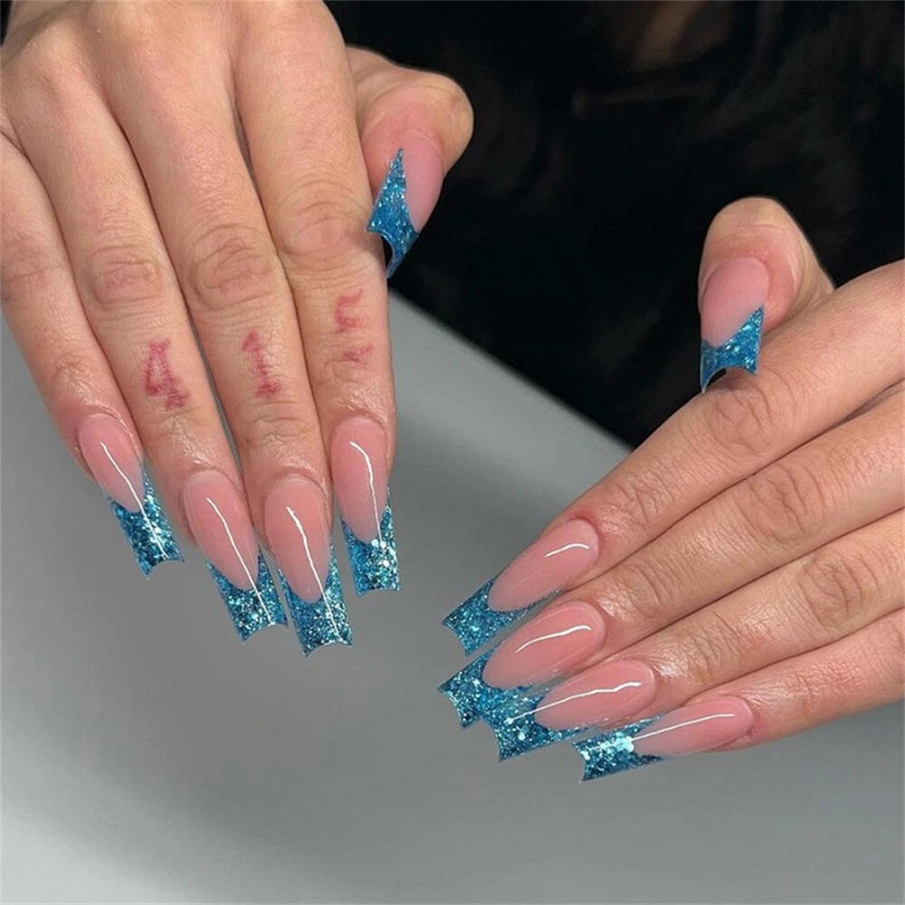 Coffin Long False Nail Glitter Blue French Press on Nails for Nail