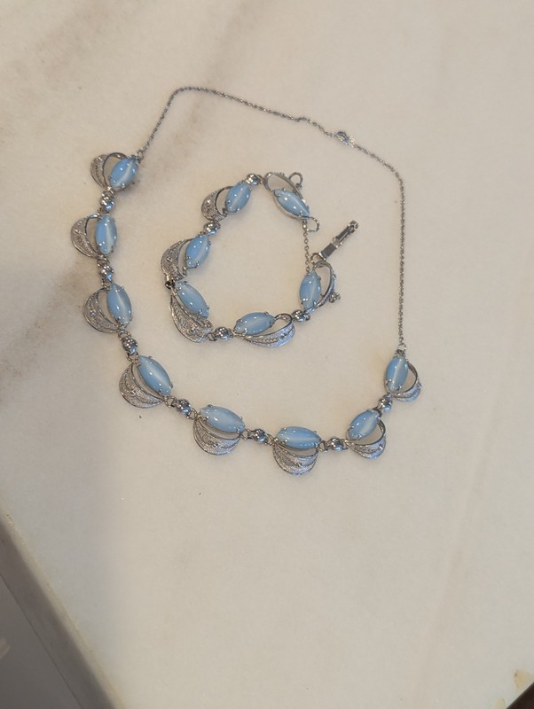 Sterling Silver Alice Caviness Blue Cat's Eye Moonstone 16" Necklace & Bracelet 