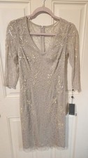 NWT Adrianna Papell Long Sleeve V-Neck Beaded Cocktail Dress Marble Size 0
