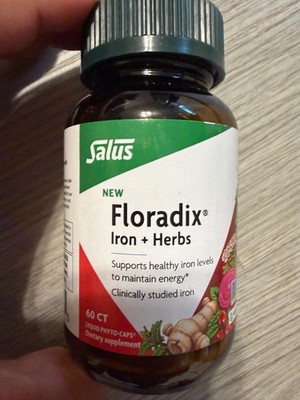 Salus Floradix Iron + Herbs 60 ct Vegan Phyto-Caps 14 mg Energy Support
