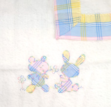 Vintage Quiltex Baby Blanket White Pastel Plaid Trim Bear Bunny 37"x47"