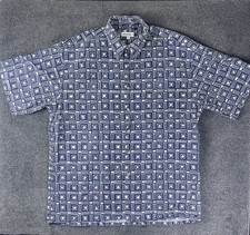 Pierre Cardin Mens Large Navy Blue Geometric Print Short Sleeve Button Up Shirt