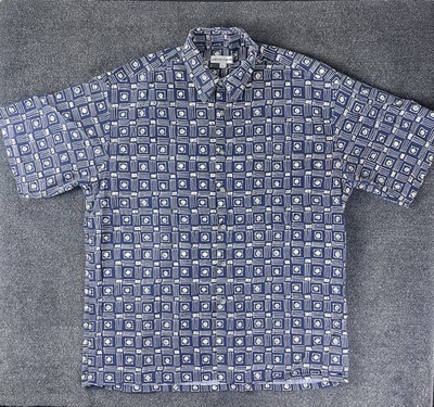 Pierre Cardin Mens Large Navy Blue Geometric Print Short Sleeve Button Up Shirt