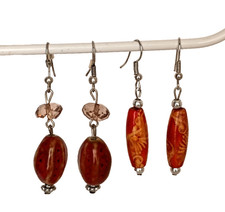 Orange Beaded Earrings 2 pairs Silvertone Dangle Drop Earth Tones