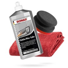 Politur SONAX Polish+Wax Color silber/grau 500ml+Handpolierschwamm+Mikrofaser