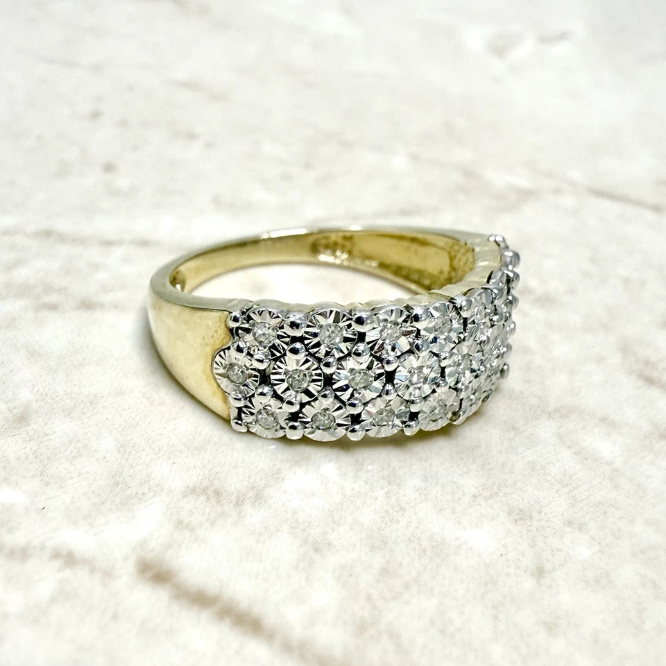 Anillo vintage de oro de 14K con banda de diamantes de 3 filas - Anillo de diamantes de oro macizo de dos tonos de 14K Foto 3 de 4