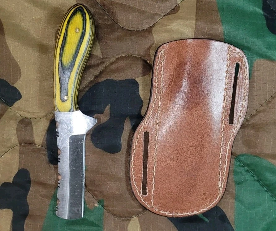 Cuchillo cortador de toros de 2,5 pulgadas con funda de cuero de columna de lujo y amarillo y gris... Foto 2 de 4