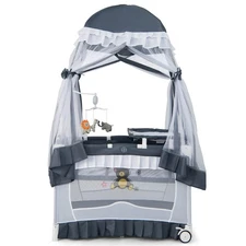 Costway 4 in 1 Portable Baby Playard Crib Bassinet Bed w/ Table Canopy Music Box