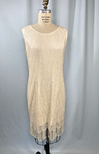 Vintage Dress 12 XL EXTRA LARGE ivory gold fringe flapper classic sheath 80s 90s