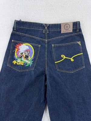 LRG Jeans ACTUAL 34x31 Blue Denim Straight Leg Embroidered Indian Chief Pockets