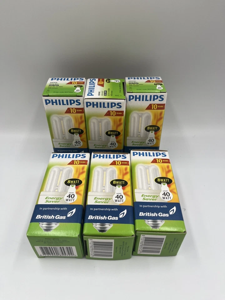 6 x Philips Energy Saver Bulb 8watt (40 watt) E27 Es Screw longlife Warm White