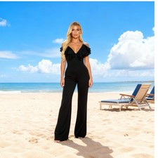 NWTFashion Nova Women's EDGYV Neck Black Denim Jumpsuit BODY CON Ruffles M
