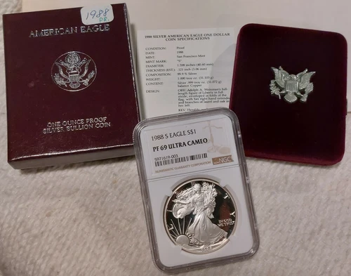 1988-S 1 Oz PROOF American SILVER Eagle $1 w/Box+Paper Graded NGC Slab PF69 UCAM