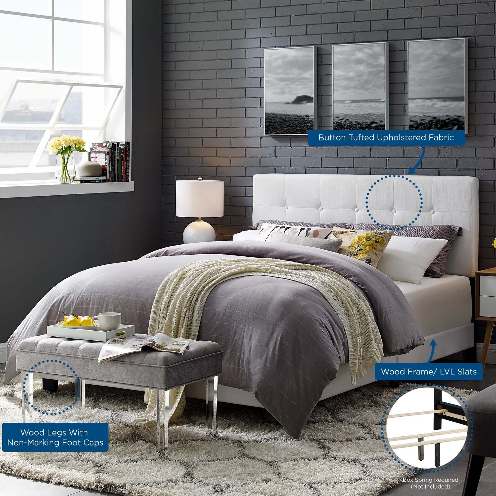 Modway Amira Tufted Fabric Upholstered King Bed Frame With Headboard In White