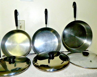 REVERE WARE TRY PLY DISK 6 PC SKILLET SET 12'' - 10'' -  9'' SKILLETS WITH LIDS