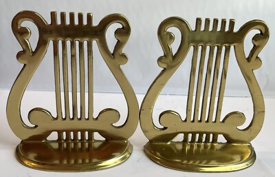 Vintage Solid Brass Harp Book Ends, Musical Symbol Pair Staff Stand Bookends