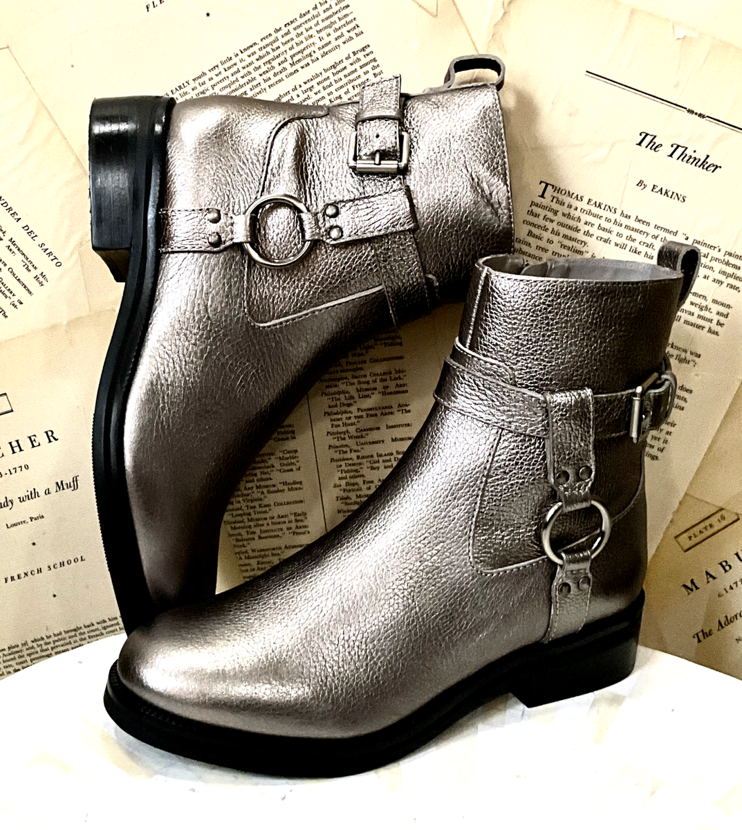 Anthropologie Bernardo Tyra Moto Boot Buckle Zip Grey Metallic