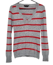 BCBG Maxazria Womens M V-Neck Sweater Angora Wool Blend Pullover Striped Gray