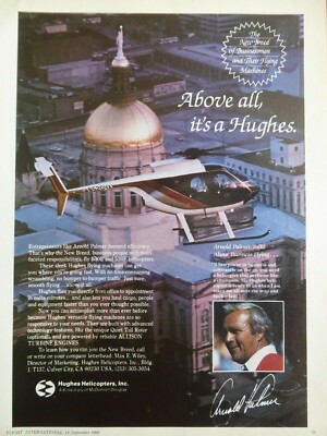 9/1985 PUB HUGHES HELICOPTERS HUGHES 500E 530F ARNOLD PALMER GOLF ORIGINAL AD