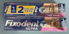 Fixodent Ultra Max Hold DenTURE Adhesive Cream pack of Two 2.2 oz.EACH Tube NEW