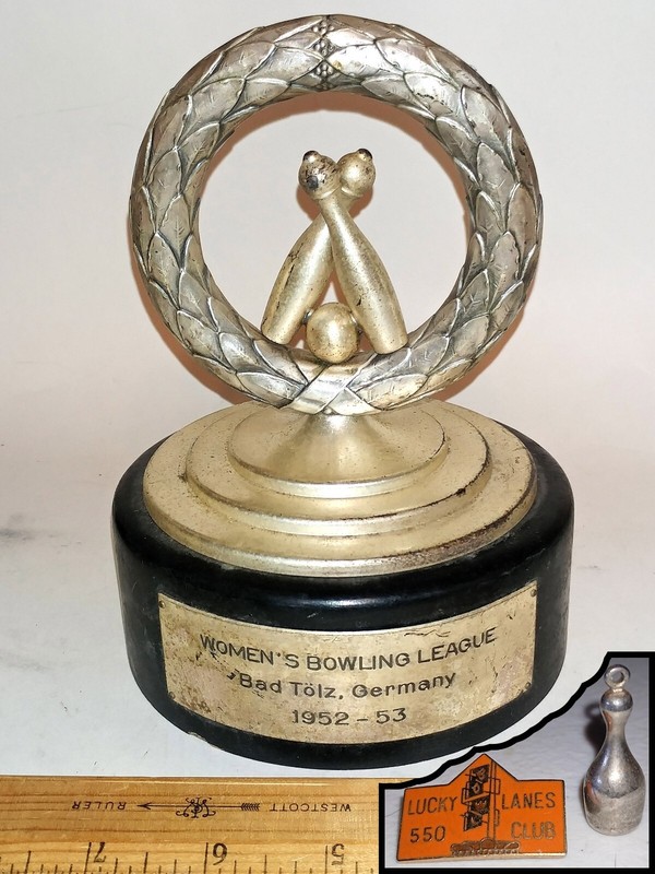 Vintage 1953 Womens BOWLING League TROPHY, 550 Club Lapel Pin and Bowling Charm.