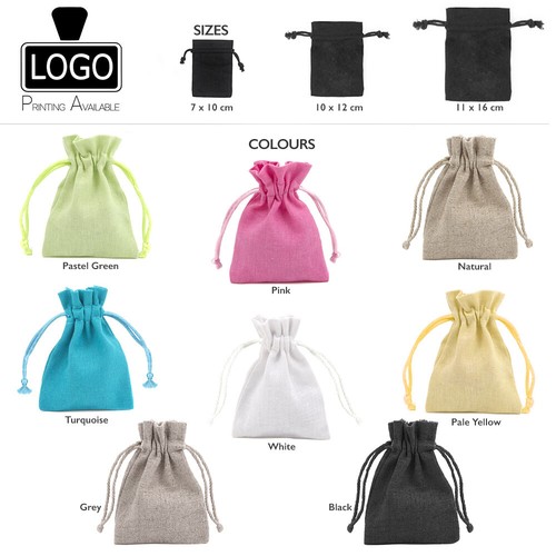 High Quality Cotton Linen Gift Pouches with Cotton Drawstring, 8 Colours
